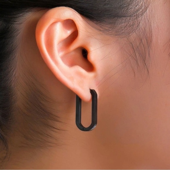 Modern Black Hoop Earrings - Picture 2 of 3